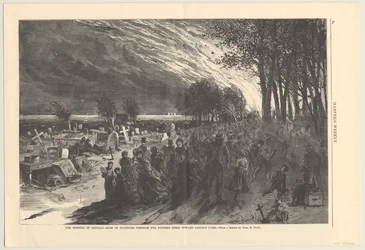 The Burning of Chicago - rusning av flyktingar genom keramikerfältet mot Lincoln Park, illustration från Harpers Weekly, 1871